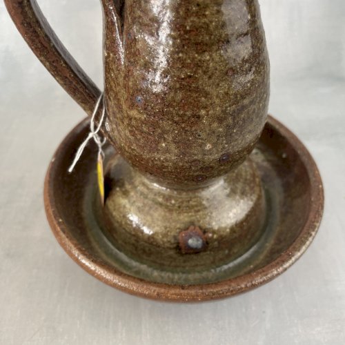 Bougeoir ou vase céramique grès vintage moucheté avec coupelle et anse ~20.5cm