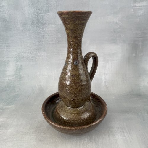 Bougeoir ou vase céramique grès vintage moucheté avec coupelle et anse ~20.5cm
