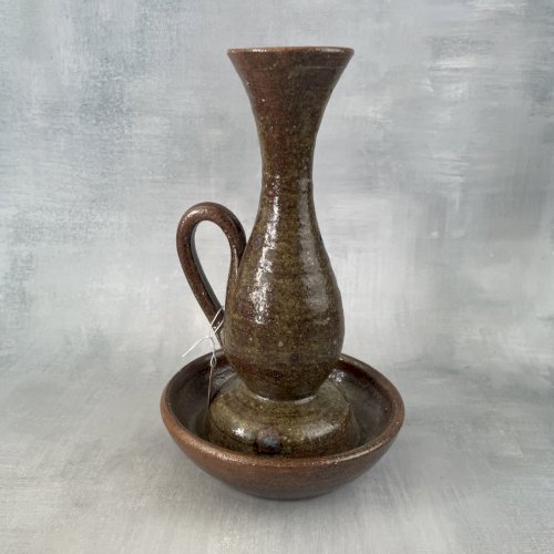 Bougeoir ou vase céramique grès vintage moucheté avec coupelle et anse ~20.5cm