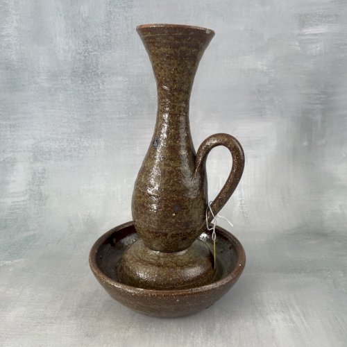 Bougeoir ou vase céramique grès vintage moucheté avec coupelle et anse ~20.5cm