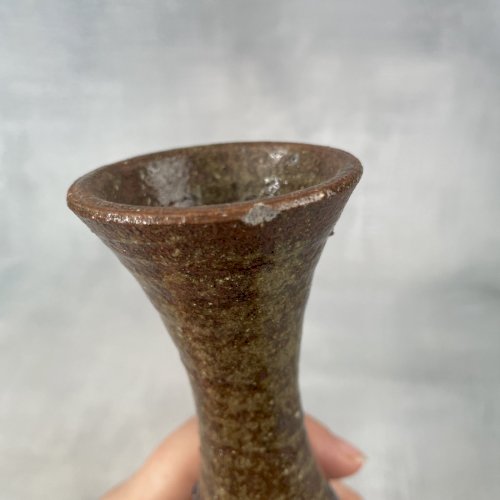 Bougeoir ou vase céramique grès vintage moucheté avec coupelle et anse ~20.5cm