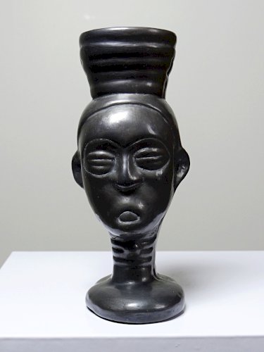 Bougeoir, verre, vase anthropomorphe céramique noir Lama Oaxaca Mexique