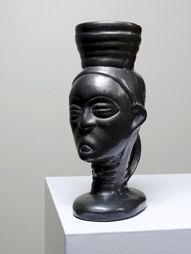 Bougeoir, verre, vase anthropomorphe céramique noir Lama Oaxaca Mexique
