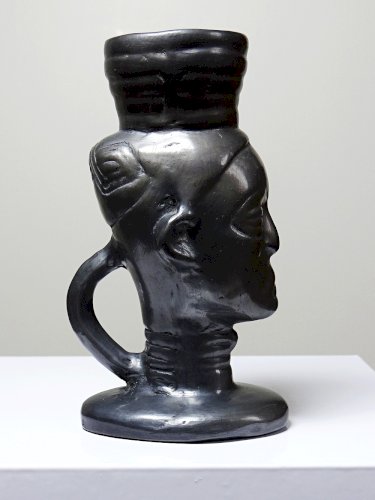 Bougeoir, verre, vase anthropomorphe céramique noir Lama Oaxaca Mexique