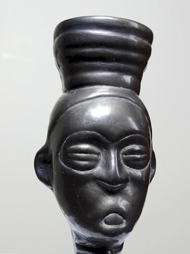 Bougeoir, verre, vase anthropomorphe céramique noir Lama Oaxaca Mexique