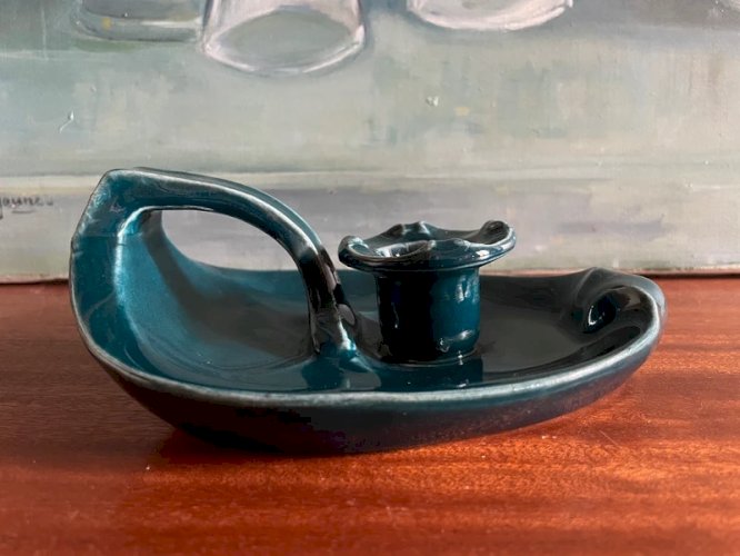 Bougeoir vintage céramique bleu