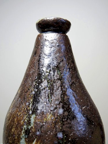 Bouteille en grès pyrité émaillé vintage artisanale signée Jean Lamy