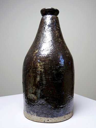 Bouteille en grès pyrité émaillé vintage artisanale signée Jean Lamy