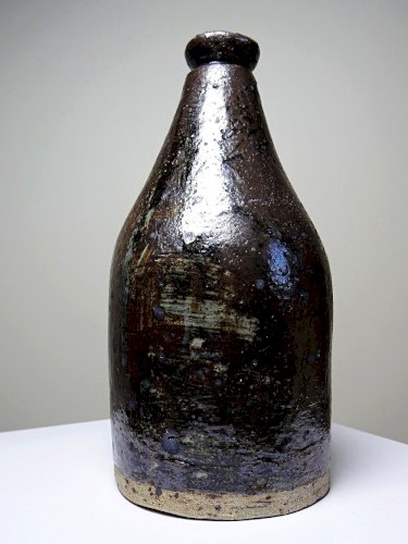 Bouteille en grès pyrité émaillé vintage artisanale signée Jean Lamy