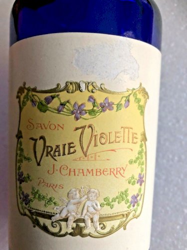 bouteille  verre bleue savon Vraie Violette J Chambery Paris parfum fiole 