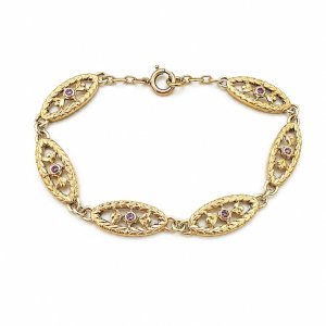 Bracelet Ancien XIXe Plaqué Or Rosé Maillons Olive Pierres Rouge Napoléon III