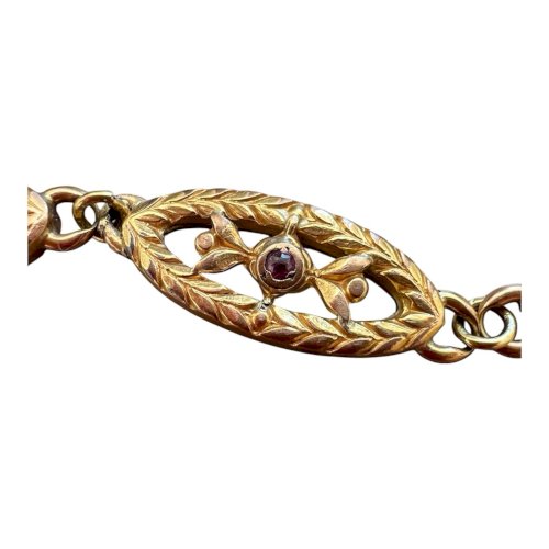 Bracelet Ancien XIXe Plaqué Or Rosé Maillons Olive Pierres Rouge Napoléon III