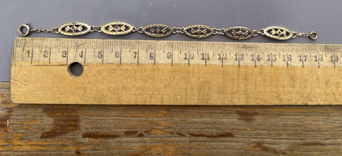 Bracelet Ancien XIXe Plaqué Or Rosé Maillons Olive Pierres Rouge Napoléon III