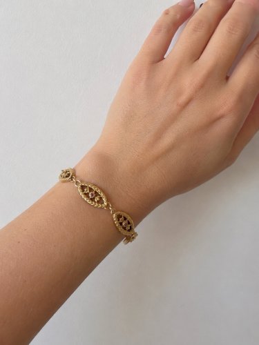 Bracelet Ancien XIXe Plaqué Or Rosé Maillons Olive Pierres Rouge Napoléon III