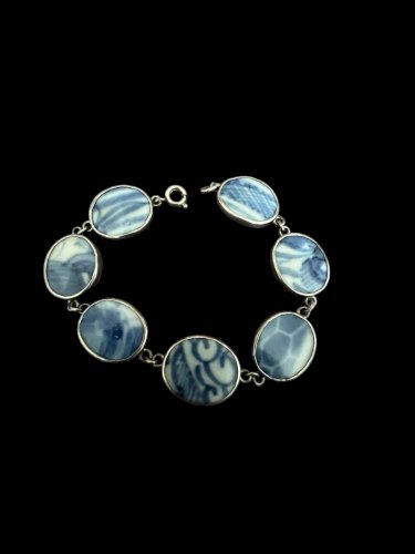 Bracelet argent massif vintage porcelaine ancienne Chine bleu et blanc Ming Ethn