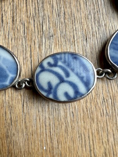 Bracelet argent massif vintage porcelaine ancienne Chine bleu et blanc Ming Ethn