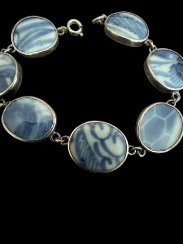 Bracelet argent massif vintage porcelaine ancienne Chine bleu et blanc Ming Ethn