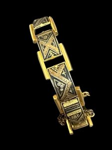 Bracelet damasquiné de Tolède Mid Century Acier Argent Plaqué Or vintage ancien