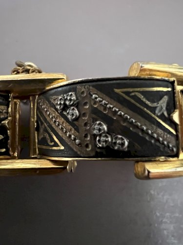 Bracelet damasquiné de Tolède Mid Century Acier Argent Plaqué Or vintage ancien