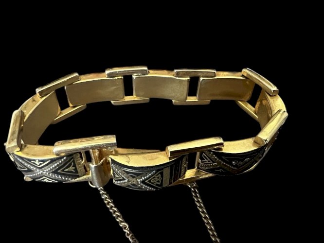 Bracelet damasquiné de Tolède Mid Century Acier Argent Plaqué Or vintage ancien