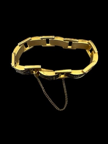 Bracelet damasquiné de Tolède Mid Century Acier Argent Plaqué Or vintage ancien