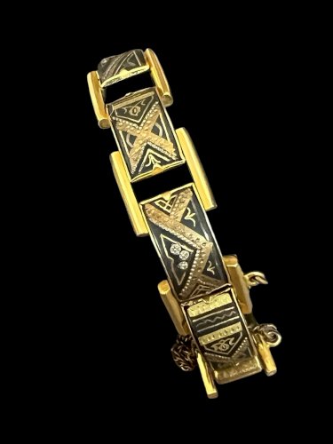 Bracelet damasquiné de Tolède Mid Century Acier Argent Plaqué Or vintage ancien
