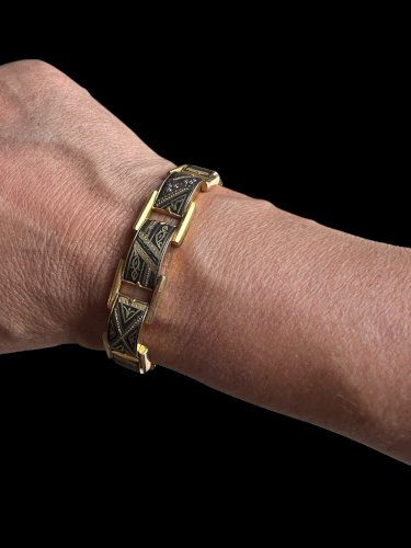 Bracelet damasquiné de Tolède Mid Century Acier Argent Plaqué Or vintage ancien
