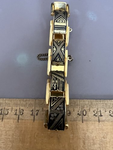 Bracelet damasquiné de Tolède Mid Century Acier Argent Plaqué Or vintage ancien