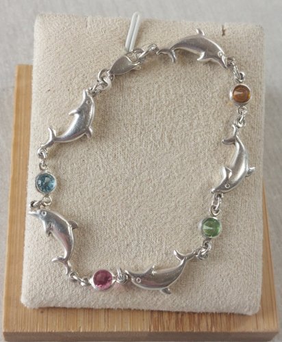 Bracelet décor dauphin, pierres multicolores, en argent massif