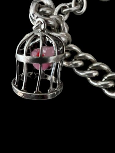 Bracelet gourmette breloques- Chat panier oiseau cloche vintage ancien Vers 1950