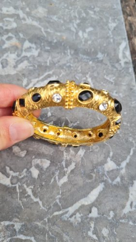 Bracelet jonc vintage signé Sphinx , serti de pierres noir et brillant - doré K 57 années 80