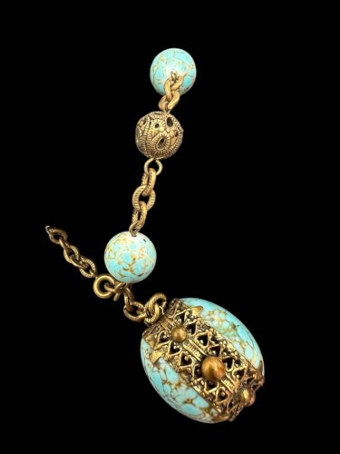 Bracelet Pendeloque - Pate De Verre Turquoise -bijoux couture - vintage ancien