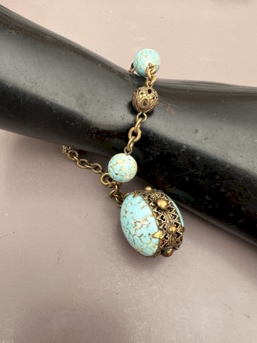 Bracelet Pendeloque - Pate De Verre Turquoise -bijoux couture - vintage ancien