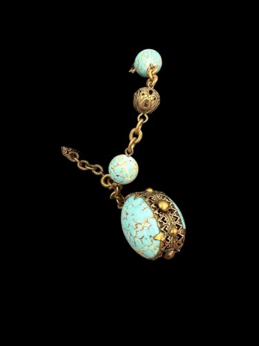 Bracelet Pendeloque - Pate De Verre Turquoise -bijoux couture - vintage ancien