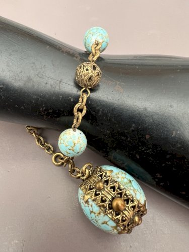 Bracelet Pendeloque - Pate De Verre Turquoise -bijoux couture - vintage ancien