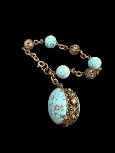 Bracelet Pendeloque - Pate De Verre Turquoise -bijoux couture - vintage ancien