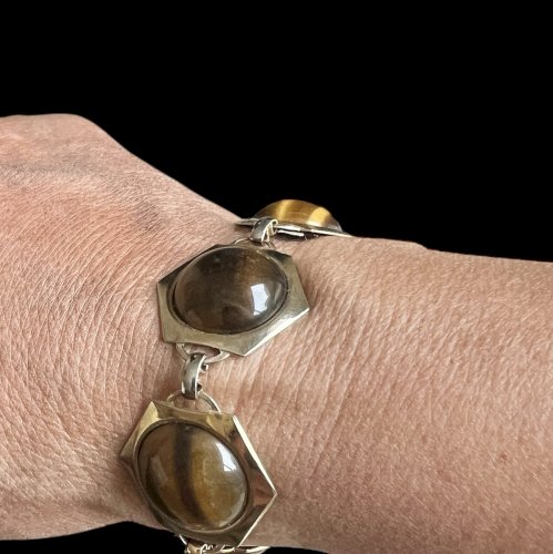 Bracelet vers 1960 1970 vintage important demies Cabochons d’œil de tigre Ancien
