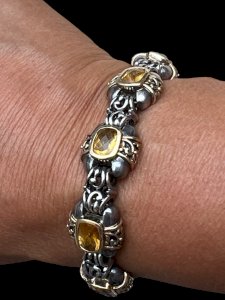 Vintage antique bracelet 18 Kt gold - 925 silver set with natural stones 53g
