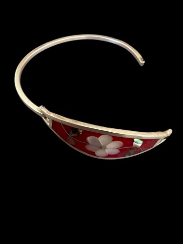 Bracelet vintage nacre Alpaca Bijoux mexicain design floral 1970/1980