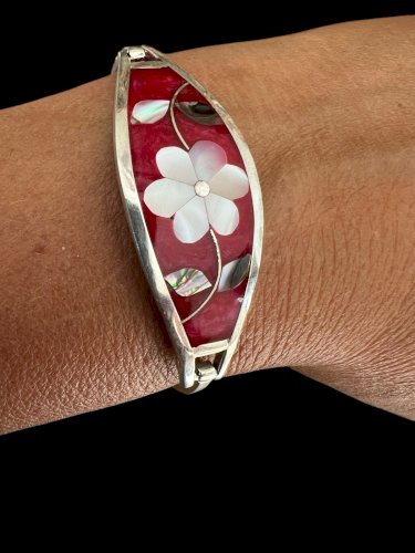 Bracelet vintage nacre Alpaca Bijoux mexicain design floral 1970/1980