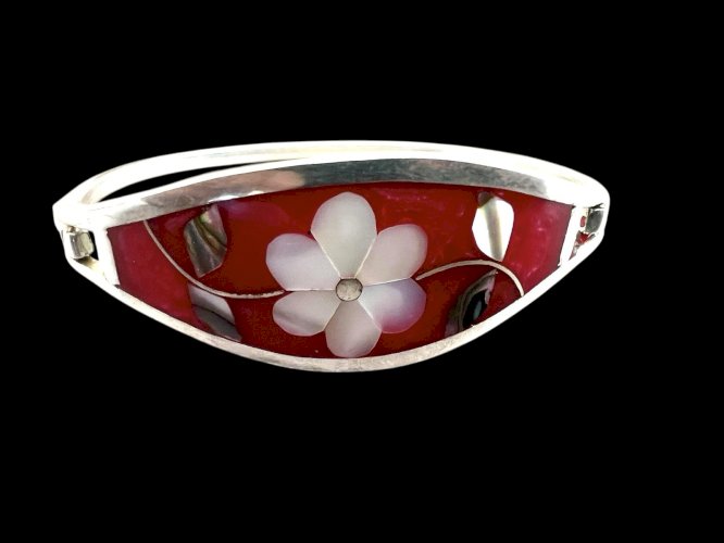 Bracelet vintage nacre Alpaca Bijoux mexicain design floral 1970/1980