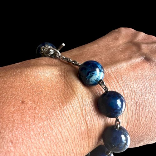 Bracelet XIXe siècle argent poinçon sanglier Perles Sodalite unisexe, ancien