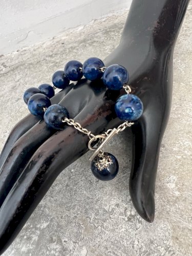 Bracelet XIXe siècle argent poinçon sanglier Perles Sodalite unisexe, ancien
