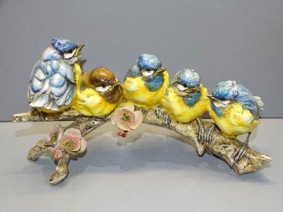 -BRANCHE BARBOTINE 5 OISEAUX DONT 4 MESANGES BLEUES MADE IN ITALY capodimoté?