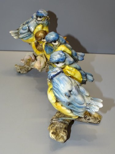 -BRANCHE BARBOTINE 5 OISEAUX DONT 4 MESANGES BLEUES MADE IN ITALY capodimoté?