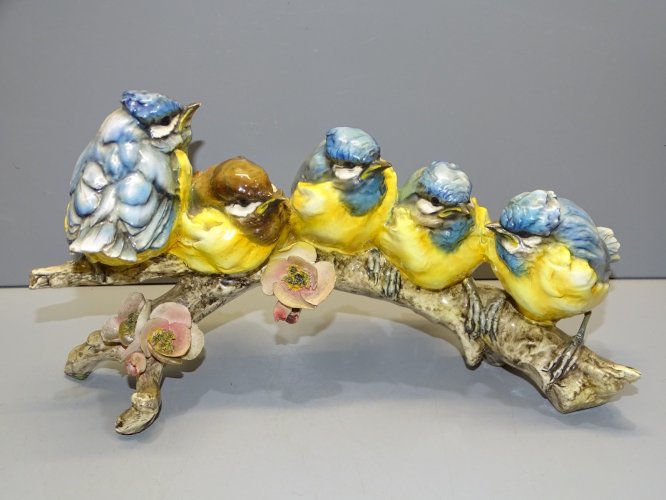 -BRANCHE BARBOTINE 5 OISEAUX DONT 4 MESANGES BLEUES MADE IN ITALY capodimoté?