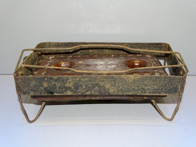 -BRIQUE CHAUFFERETTE CHAUFFE LIT TERRE CUITE EMAILLEE & SON SUPPORT FER FORGE  D