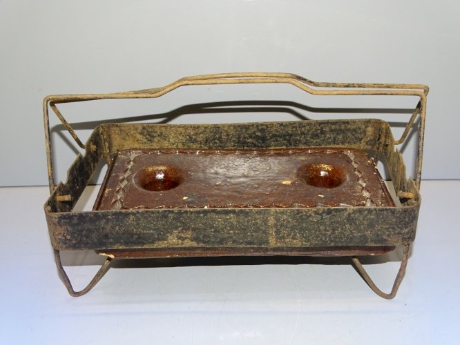 -BRIQUE CHAUFFERETTE CHAUFFE LIT TERRE CUITE EMAILLEE & SON SUPPORT FER FORGE  D