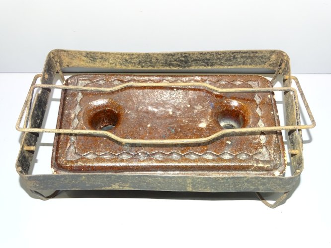 -BRIQUE CHAUFFERETTE CHAUFFE LIT TERRE CUITE EMAILLEE & SON SUPPORT FER FORGE  D