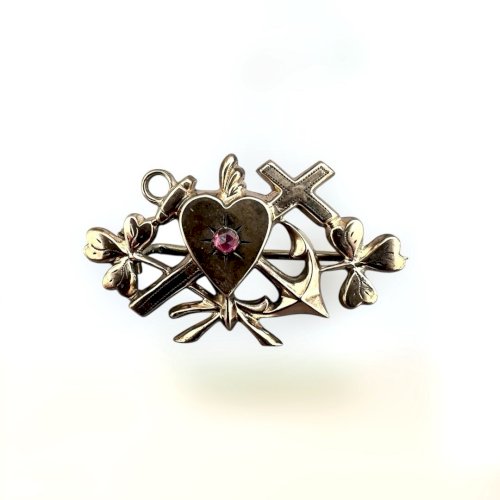 Broche ancienne 19e Bijou Symbolique Foi- Espérance-Charité-porte-bonheur unisex